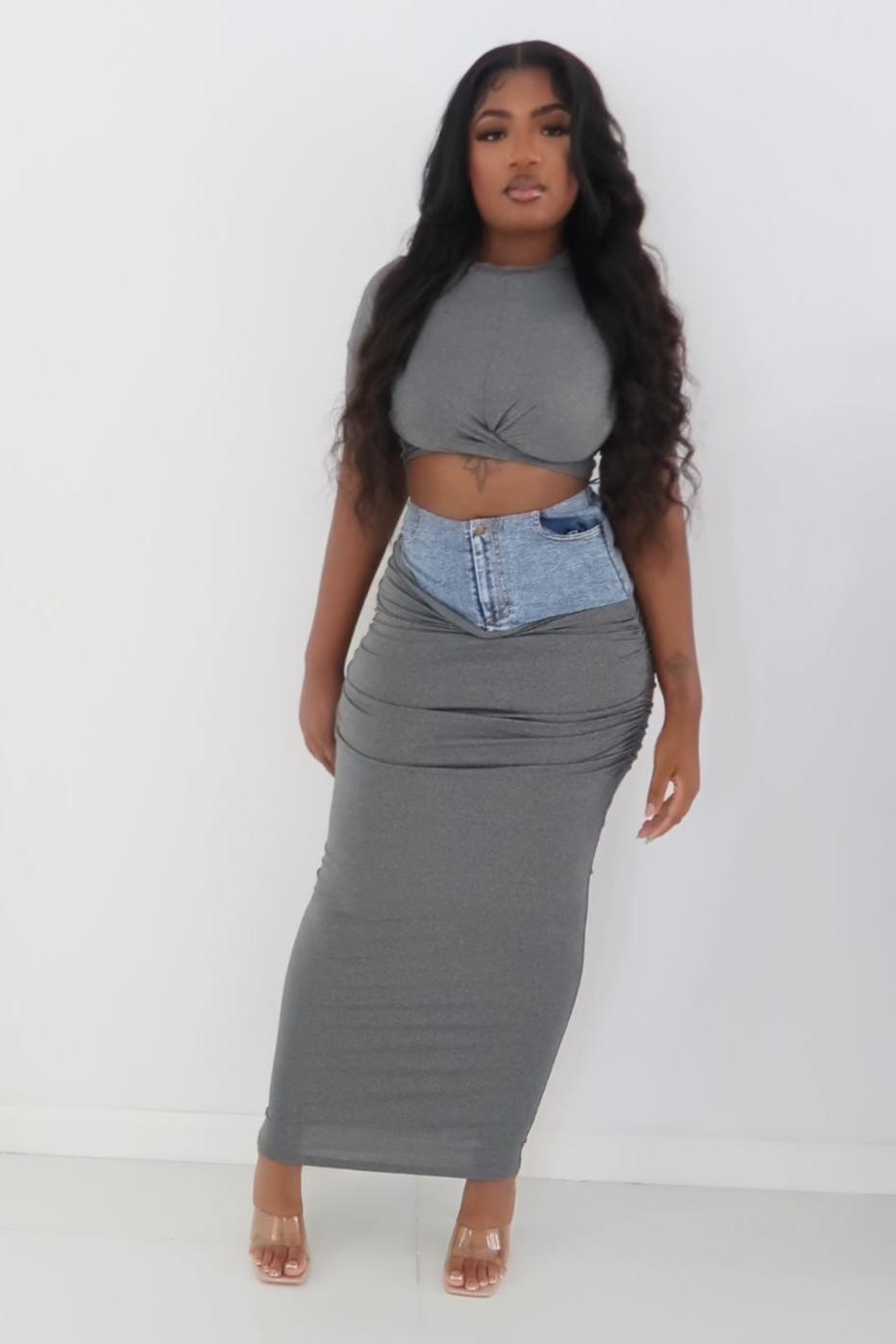 Gray areas ruched skirt set